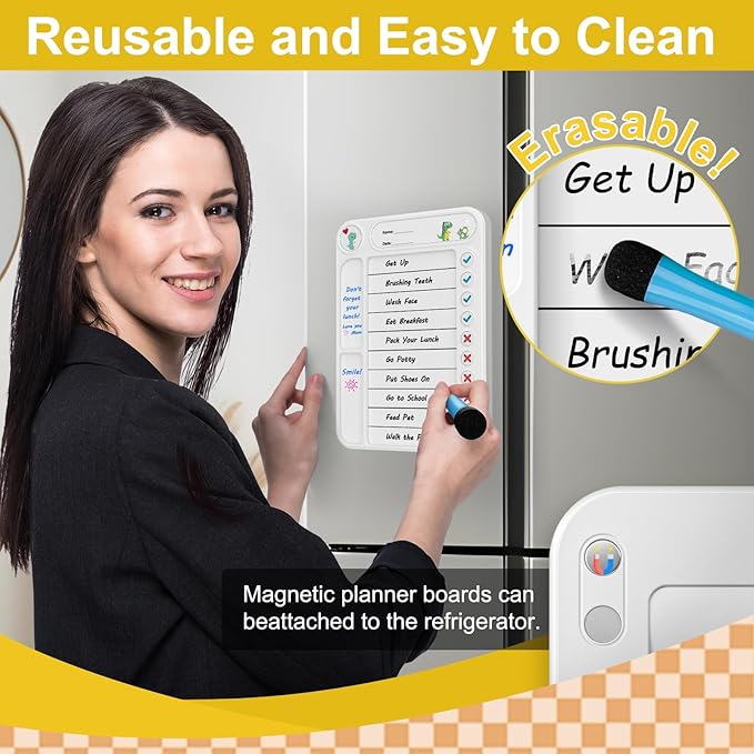 2-Pack Magnetic Chore Chart for Kids, ADHD Task Tracker Easy-Check Routine Dry Erase Board, to-Do List Planning Tool with Stand for Fridge/Desk/Home/School, 6 Reusable Sheets, 4 Markers White