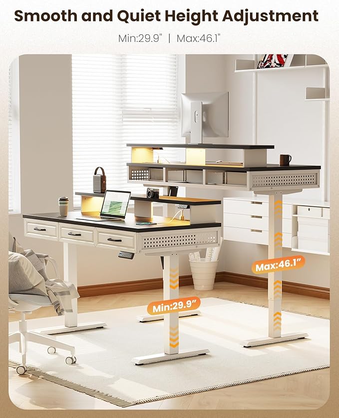 OffiGo Electric Standing Desk with 3 Wooden Drawers, 48 Inch Height Adjustable Desk with Power Outlets & LED Lights, Black and White Sit Stand Table with Monitor Stand for Home, Office, Workstation