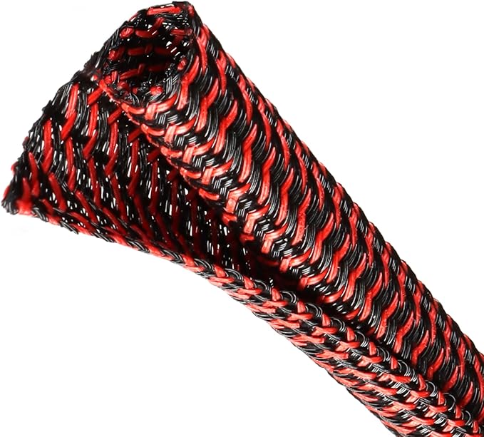 Split Wire Loom Tubing, Cable Protector Sleeve, Braided Cable Management for TV/Computer/Home Theater/Engine Bay, Cord Protectors from Pets No Chew (Red and Black, 3/4"-10ft)