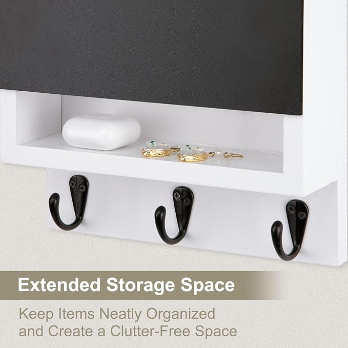 Lucundm Key and Mail Holder for Wall, Key Holder with Chalkboard and Long Storage Box, Key Hanger with 3 Sturdy Hooks for Coat, Dog Leash, Entryway Mail Organizer (White)