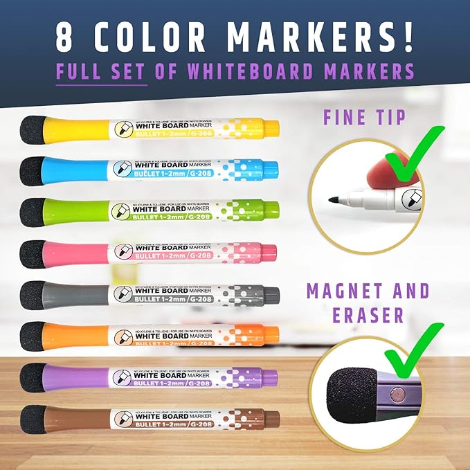 Large Dry-Erase Magnetic Monthly Calendar + Free Bonus: 3 Grocery/to-Do List Whiteboards (Organizer/Planner) for Kitchen Fridge - Full Set: 8 Markers + Eraser | Stain Free | Vertical