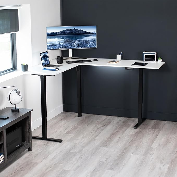 VIVO Electric Corner 75 x 63 inch L-Shaped Standing Desk, Memory Height Adjustment, White Top Black Frame, DESK-E3CTBW-75