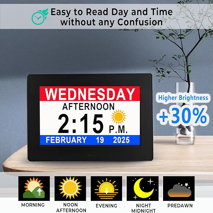 Véfaîî 2025 New, Digital Dementia Clock with Date and Time for Elderly, 10 Levels Auto Dimmer, 19 Alarms & Custom Reminders, Sun/Moon Icons, Auto DST, Large Display for Seniors- 7" with Remote