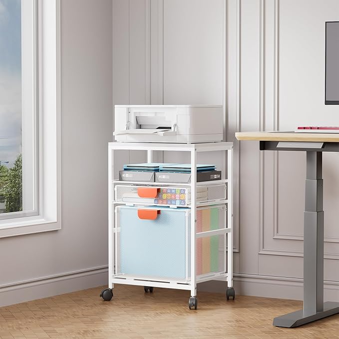 Marbrasse Rolling File Cart with Handle, Mobile File Cabinet on Lockable Wheels, Office Filing Cabinet Organizer, Printer Stand with Hanging File Folder Organizer for Home Office - White