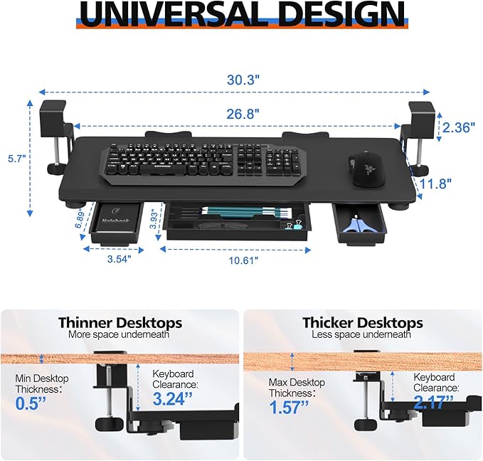 OUKMIC Large Keyboard Tray Under Desk Slide Out with Sturdy C-Clamp Mount and Storage Drawer, 27" (31" Including Clamps) x 12" Ergonomic Keyboard Trays for Home and Office, Black