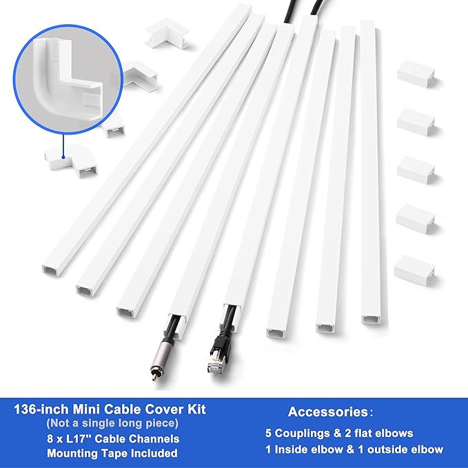 Cord Hider Wall for One Cord, 136in Cord Covers for Wires on Wall, Easy Install Cable Cover Wall, Cable Raceway White Hide Cords, Cable Hider Cord Management Wall, 8X L17in W0.6in H0.4in