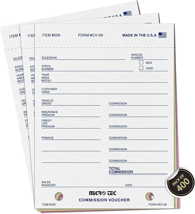 Commission Voucher Book CV-59-3 Part Carbonless Forms, Triplicate NCR Receipt Book, Snap-Out Pre-Punched with File Holes Commission Vouchers, Blue Ink, 4.25 x 5.625 Inch - Pack of 400