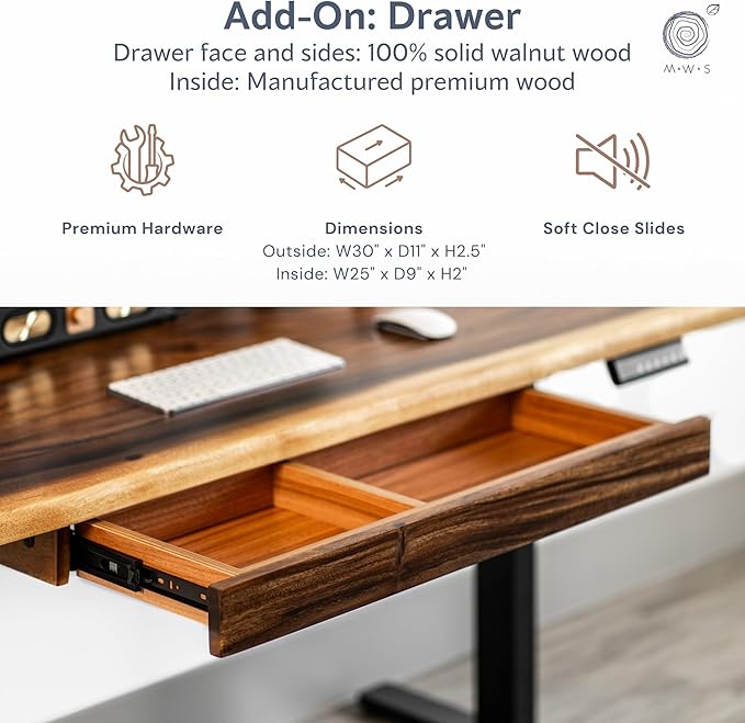 Standing Desk with Drawer – Walnut Solid Wood Desk, Natural Live Edge, Adjustable Height Dual Motor, Sit Stand for Home Office (White, W60 x D27)