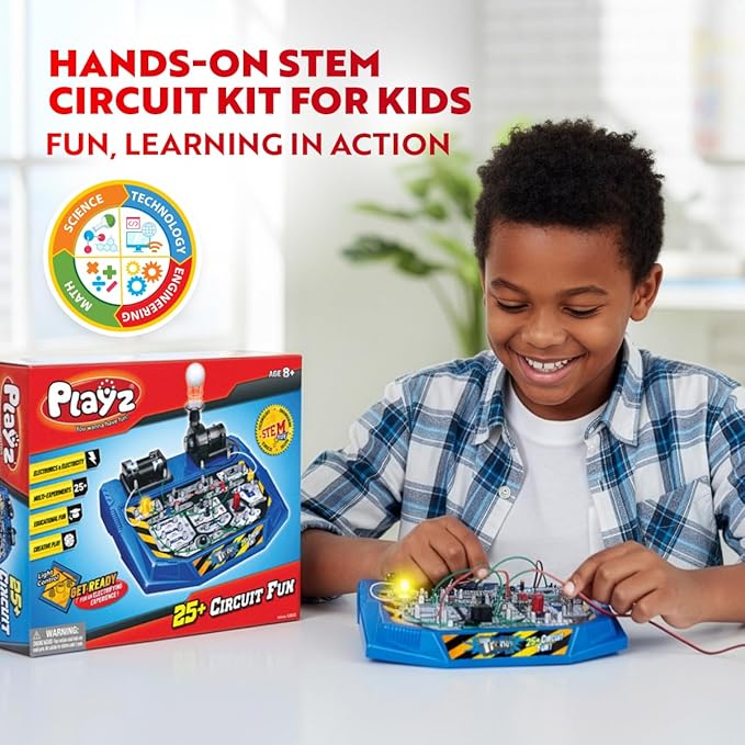 Playz Electrical Circuit Board Engineering Kit for Kids with 25+ STEM Projects Teaching Electricity, Voltage, Currents, Resistance, & Magnetic Science | Gift for Children Age 8, 9, 10, 11, 12, 13+