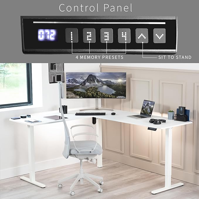VIVO Electric Corner 75 x 63 inch L-Shaped Standing Desk, Memory Height Adjustment, White Top White Frame, DESK-E3CTW-75