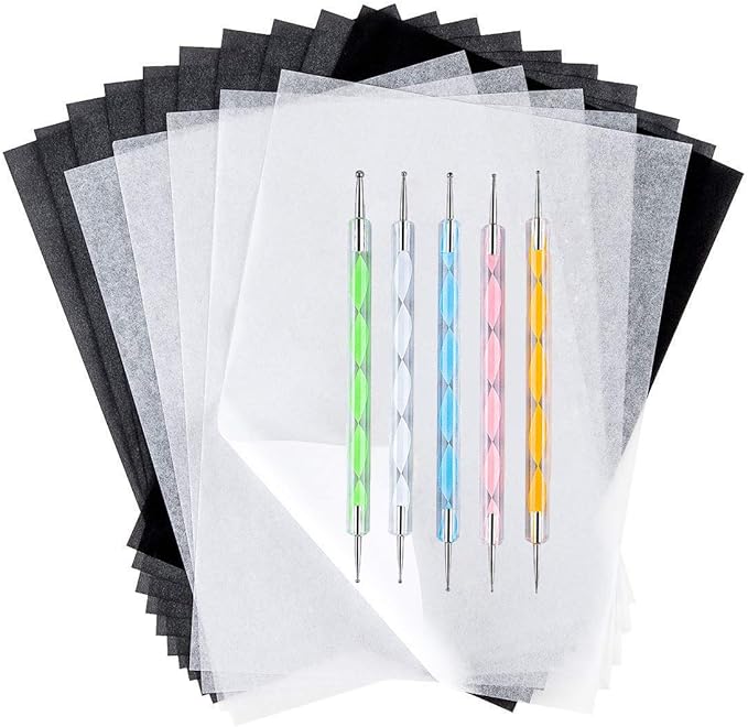 100 Sheets White Tracing Paper 100 Sheets Carbon Transfer Paper and 5 Pieces Ball Embossing Styluses for Wood Burning Craft, Paper, Canvas and Other Art Craft Surfaces