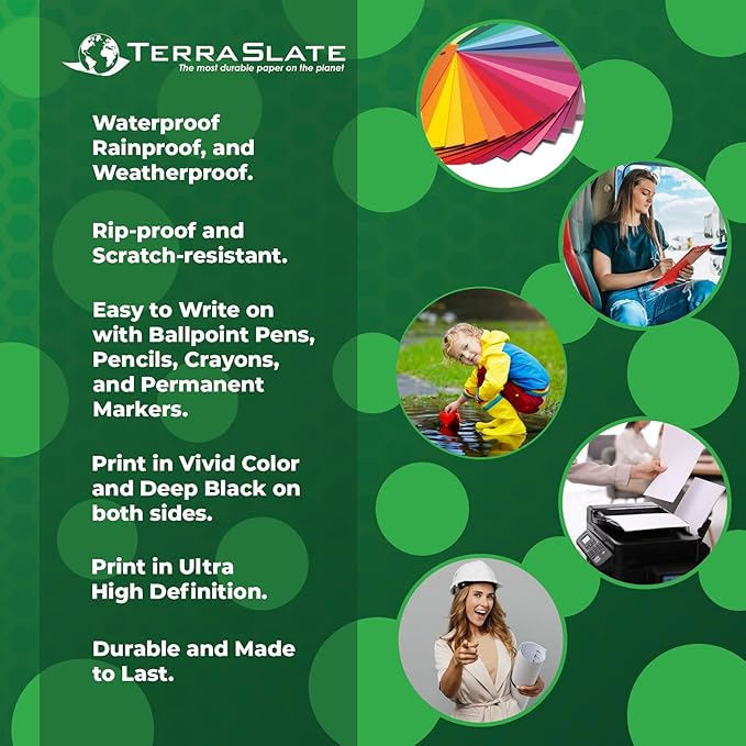 TerraSlate Printable Waterproof Paper for Laser Printer, 10 MIL 8.5" x 14", 100 Sheets, Matte White Printer Paper I Rip-Resistant, Weather/Rain Proof Copy Paper