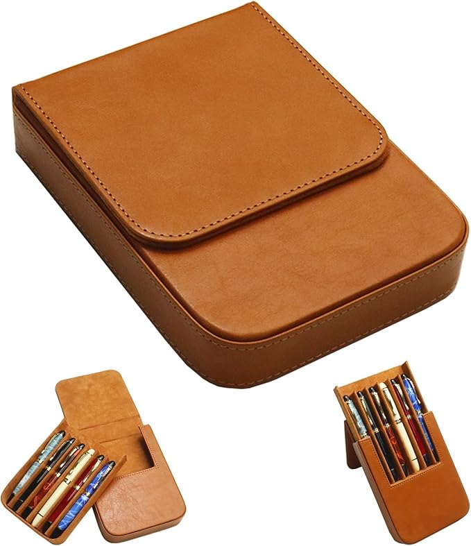 MIVLXLX Leather 6 Fountain Pen/Pencil Tray Case, Handmade, Magnetic Closure with Drawer Design, Gift Choice for Man/Woman/Office, 6 Slots（brown）