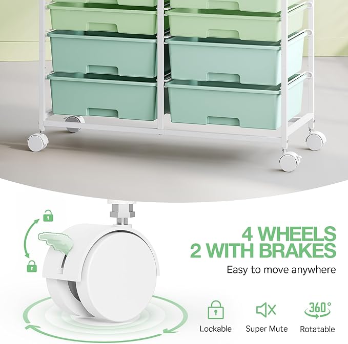 Rolling Storage Cart with 12 Drawers, Wooden Tabletop Utility Cart for Craft Storage, Art Supply Storage & Home Office Organization, Teacher Cart with Wheels for Classroom Organization, School (Green)