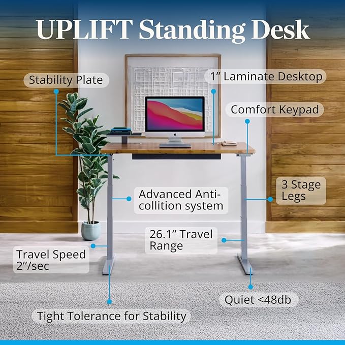 UPLIFTDESK V3 2-Leg Ash Gray Laminate Wood Standing Desk – Adjustable Height, Advanced 1-Touch Memory Keypad, Under Desk Cable Management, Wire Grommets & Rocker Board (Black C-Frame, 48 x 30 inch)