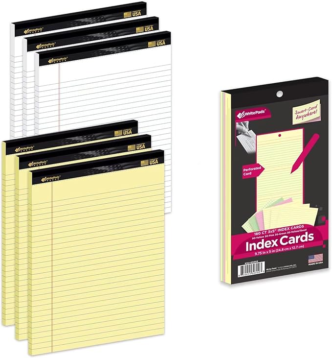 KAISA 20LB Legal Pads 8.5 x 11 6 Note pads Wide Ruled Pads 8-1/2"x11-3/4 Heavy Weight Paper Perforated Write Pads Sturdy Writing Tablets And Coloerd Tearable Index Cards 3x5
