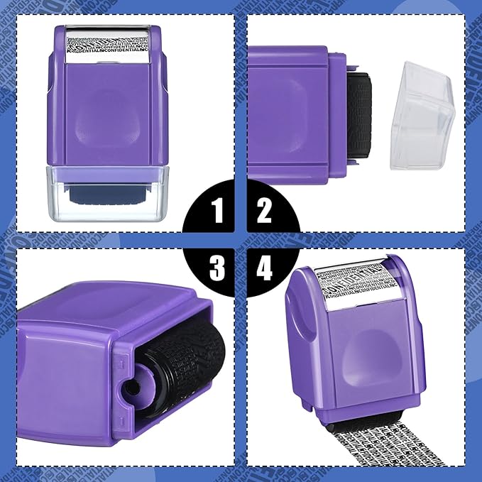 Nezyo 2 Pack Identity Protection Roller Stamp Identity Theft, Confidential, Privacy Roller Stamp Information Blocker and 4 Pack Refill Ink for ID Account Data Address Security(Purple)