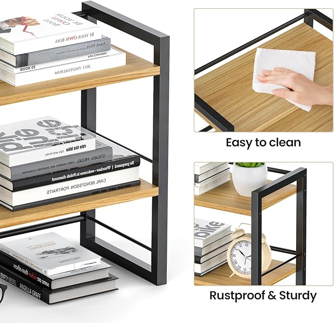 ART-GIFTREE Office Desk Shelf Organizer, Wood Desktop Bookshelf Supplies Storage Rack, Shelf for Top of Desk and Dresser (Black-2 Tier)