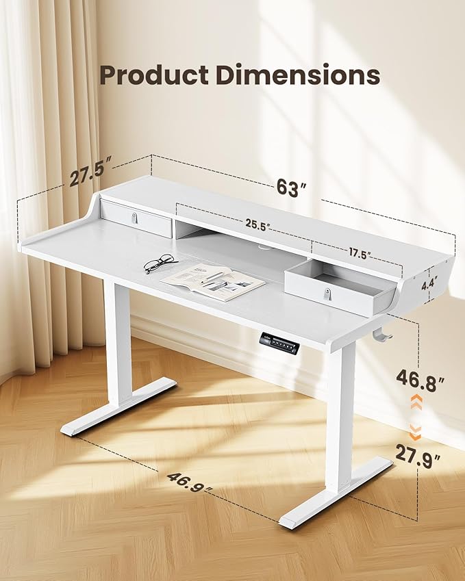 ErGear Electric Standing Desk with Drawers, 63″ x 28″ Gaming Table Compatible Monitor Stand, Stand up Desks, Home Office Height-Adjustable Desk with Storage Shelf, 4 Preset Heights, White