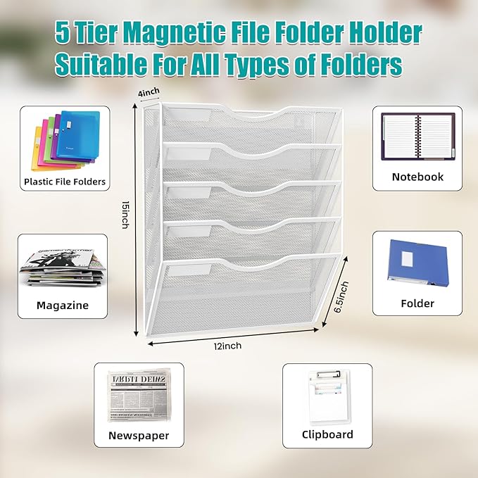 LQPAFZ 5-Tier Magnetic File Organizer, No Drilling Installation, White Magnetic Paper Holder, Magazine Rack for Refrigerator and File Cabinets
