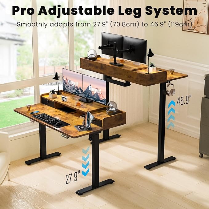 Kingant 48 x 30 Inch Electric Standing Desk with Dual Drawers, Adjustable Height Computer Desk for Home Office, Large Workstation Sit Stand Up Desk with Built-in Storage Shelf, Rustic Brown