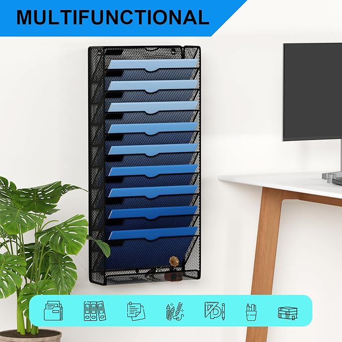 GDINDINFAN Hanging Wall File Organizer 10 Tier Wall Mounted File Holder Document Wall Organizer Magazine Organization for Office Home, Black