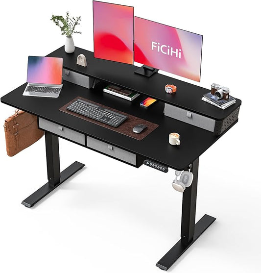 FiCiHi Electric Standing Desk with Four Drawers, Adjustable Height Sit Stand Desk, C-Clamp Compatible Home Office Desk with Storage Shelf & Monitor Stand Riser, 48 x 24 Inch,Classical Black