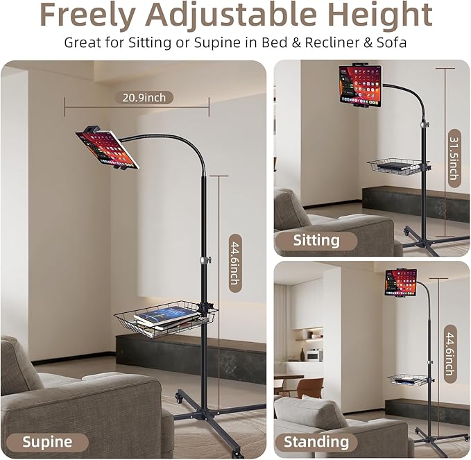 Coslony Adjustable Floor Standing Tablet Stand with Storage Basket, Mobile Rolling Base, Height Adjustable Metal Frame