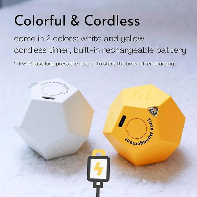 Mini 12 Sided Cube Timer, 11 Preset Times Pomodoro Timer for Enhanced Productivity. Ideal for ADHD Management, Workout, Study & Kitchen Cooking. Easy to Use（White）