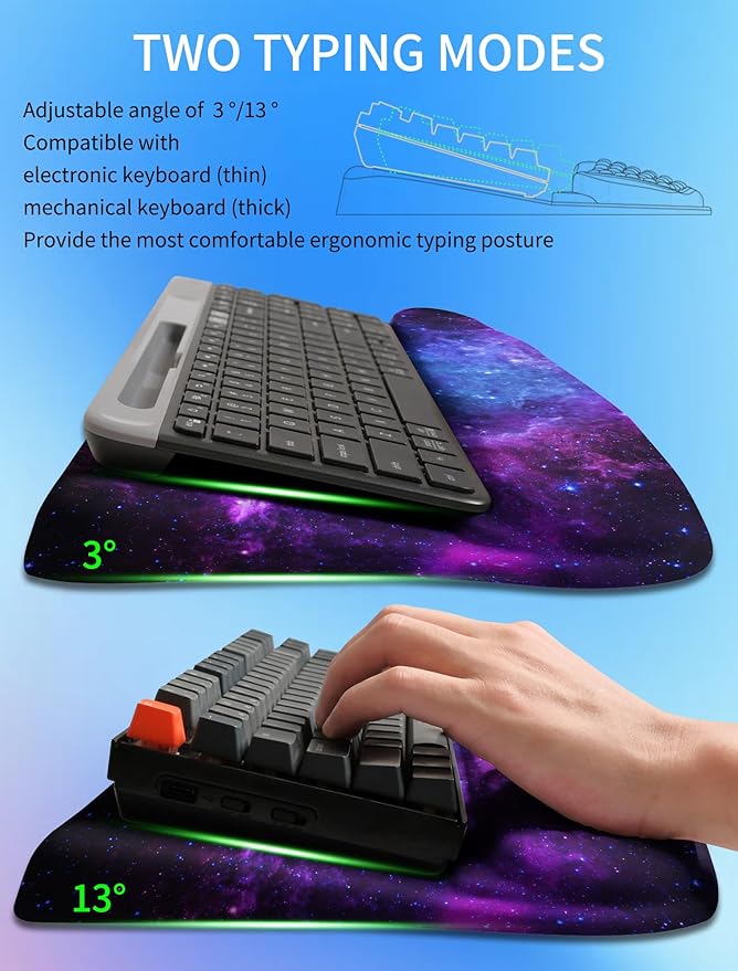 KUOSGM Ergonomic Wave Wrist Rest with Keyboard Stand, Cushioned Palm Rest, Comfortable Integrated Memory Foam for Natural Typing and Relieve Wrist Pain, Deep Galaxy