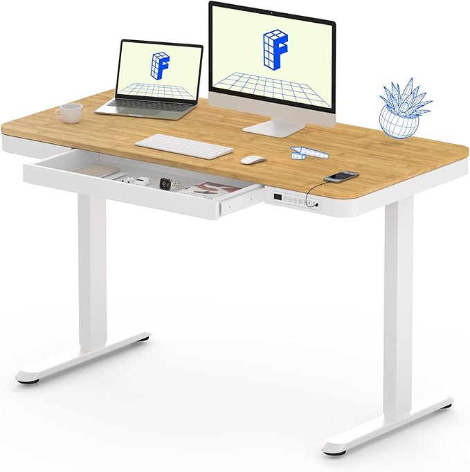 FLEXISPOT Comhar Electric Standing Desk with Drawer Desktop & Adjustable Frame w/USB Charge Ports (Bamboo-Look Laminate/White, Wood)