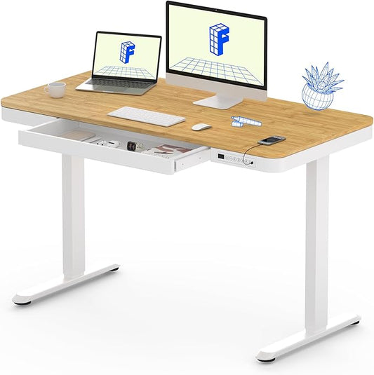 FLEXISPOT Comhar Electric Standing Desk with Drawer Desktop & Adjustable Frame w/USB Charge Ports (Bamboo-Look Laminate/White, Wood)
