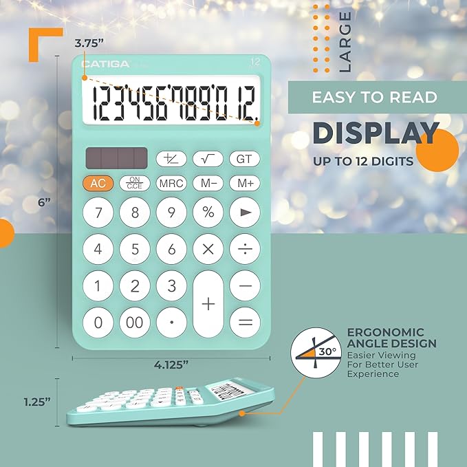CATIGA 12 Digit Desktop Calculator Basic Desk Calculator with Large LCD Display, Big Buttons, 4 Function, Solar and Battery Dual Power, for Office, School, Home, SD-1292 Fresh Blue
