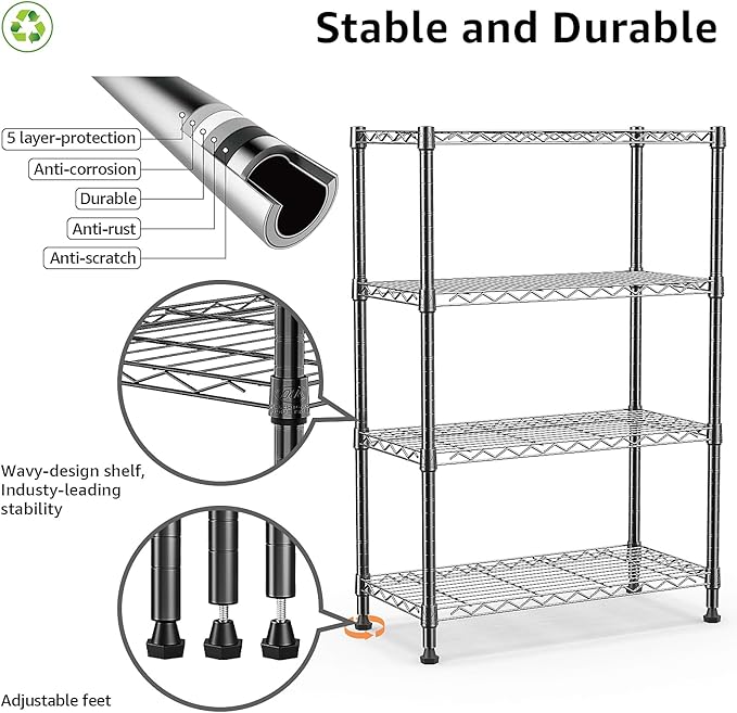 M MZG 1000 lbs Storage Shelving Steel Heavy Duty 4-Tier Utility Shelving Unit Steel Organizer Wire Rack for Home,Kitchen,Office (13.7" D x 29.5" W x 47.2" H)