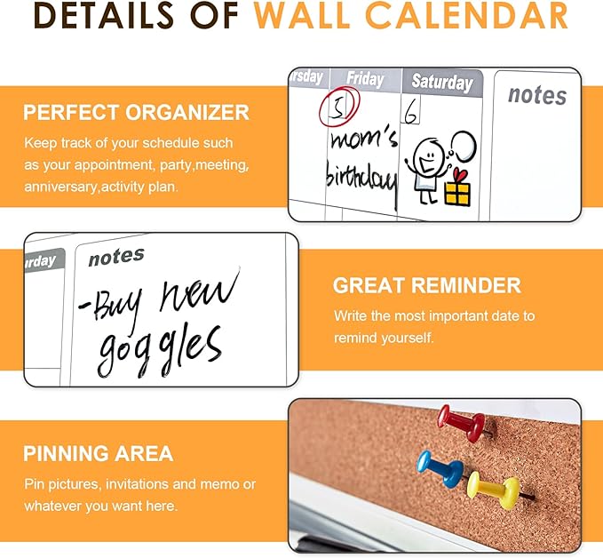 MAKELLO Dry Erase Calendar for Wall 36" x 24", Large Calendar Whiteboard with Cork Board for Office, Home, School, Family, Kitchen and Bedroom, 3' x 2'