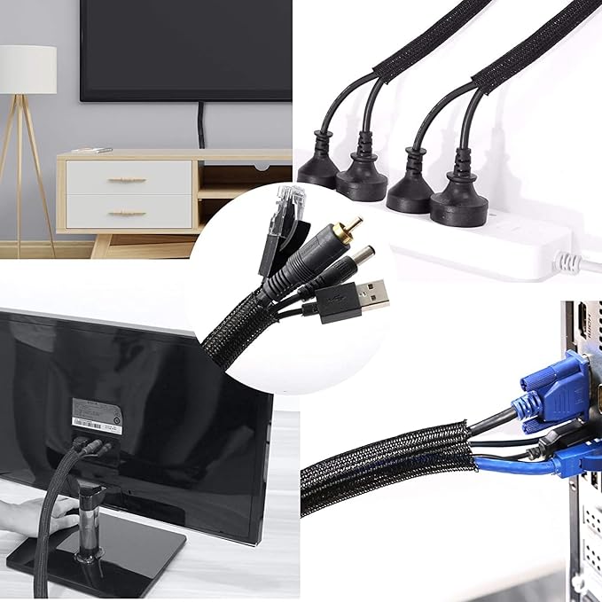 QCSIW 3/4" 25ft Expandable Braided Cable Sleeve Split Wire Loom Tubing – Pet-Proof Cord Protector for USB, Power Cords, Audio/Video Cables – Durable Wire Management Sleeving Black