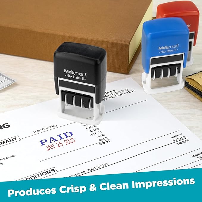 MaxMark Self-Inking Rubber Date Office Stamp with DEPOSITED Phrase & Date - Black Ink (Max Dater II), 12-Year Band