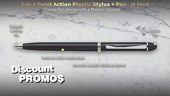DISCOUNT PROMOS Twist Action Plastic Stylus Pens, Set of 10, Bulk Pack - Pens for Work, Cool Pens for Writing, Black Ink - Black