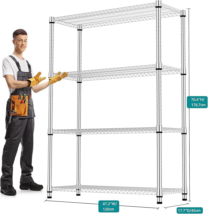 M MZG 4 Tiers Shelf Metal Storage Shelves 2640 lbs Steel Storage Shelving Utility Shelving Unit Steel Organizer Wire Rack for Home,Kitchen,Office,Garage Chrome 17.7" D x 47.2" W x 70.3" H
