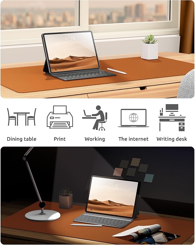 YSAGi Leather Desk Protector, Office Mat, Large Mouse Mat, Non-Slip PU Leather Blotter, Laptop Desk Mat, Waterproof Writing Pad for Office and Home (Brown, 35.4" x 17")
