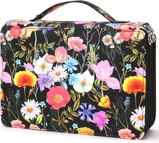 Vomgomfom Colored Pencil Case - 200 Slots Pencil Holder with Zipper Closure Twill Fabric Large Capacity Pencil Case for Watercolor Pens or Markers, Pencil Case Organizer for Artist (Black Flower)