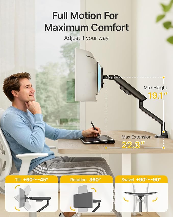 monTEK Single Monitor Arm, Mechanical Spring Monitor Arm for 17-40" Ultrawide Screens, Adjustable Monitors Desk Mount Holds up to 24.2 lbs with C Clamp/Grommet Desk Mount, VESA 75/100mm, MA1011BK