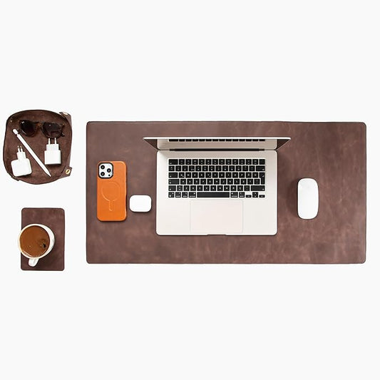 Node Leather - Genuine Leather Desk Mat (32" x 16"), Desk Organizer & Cup Coaster - Leather Office Set - Premium Handmade Office Accessories for Elegant Workspace - Dark Brown