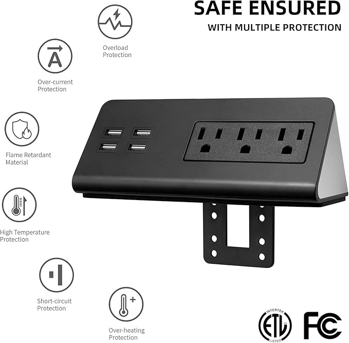 Emerising 2-Pack Desk Edge Mount Power Strips with 4 USB Ports & 3 AC Power Outlets for Home and Office Desktop Charging Bucket, 1250Joules Surge Protection,Black