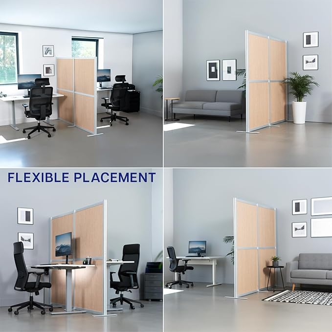 VIVO Modular Wall System, 2 PET Panels, Modern Professional Office Cubicle Dividers, Freestanding Privacy-Screen, 66 inches High, Flat Wood, Silver Frame, PP-MWS63C