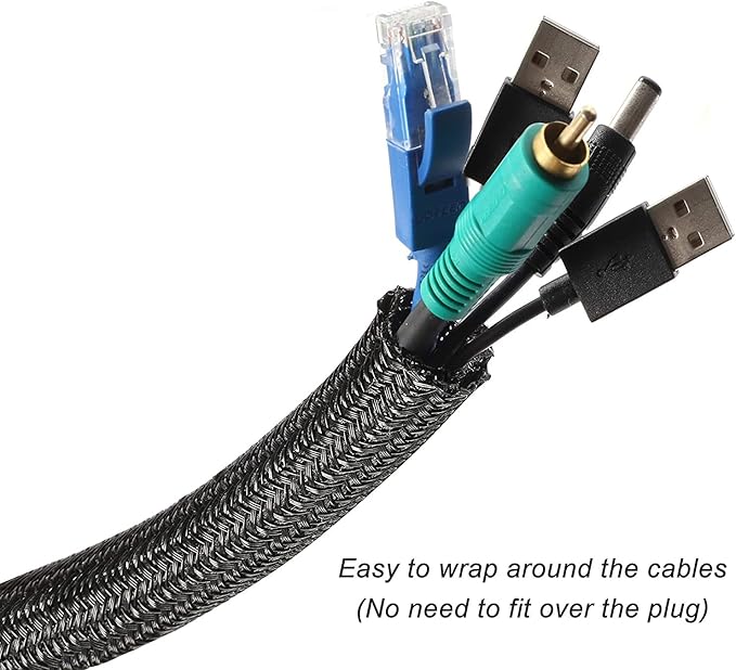 QCSIW 1/4" x 100ft Black Cable Sleeve Protector - Split Wire Loom Tubing for USB/Power/AV Cords, Pet-Proof Chew-Resistant Cover for Cats & Dogs, Flexible Cord Organizer (Black)
