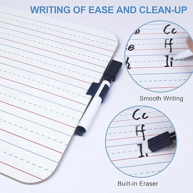 24 Pack Dry Erase Boards, 9"x12" Double Sided Easel Small Whiteboards with Lines for Kids, Students, Education Teacher Classroom, Mini Portable Learning White Boards with 24 Markers, 24 Erasers