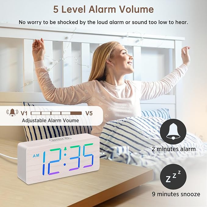 DreamSky Wooden Digital Clock for Bedroom Desk - RGB Loud Alarm Clock for Heavy Sleepers with Volume Control, Large Numbers with Dimmer for Living Room Office, Wood Decor (Plug in Clock)