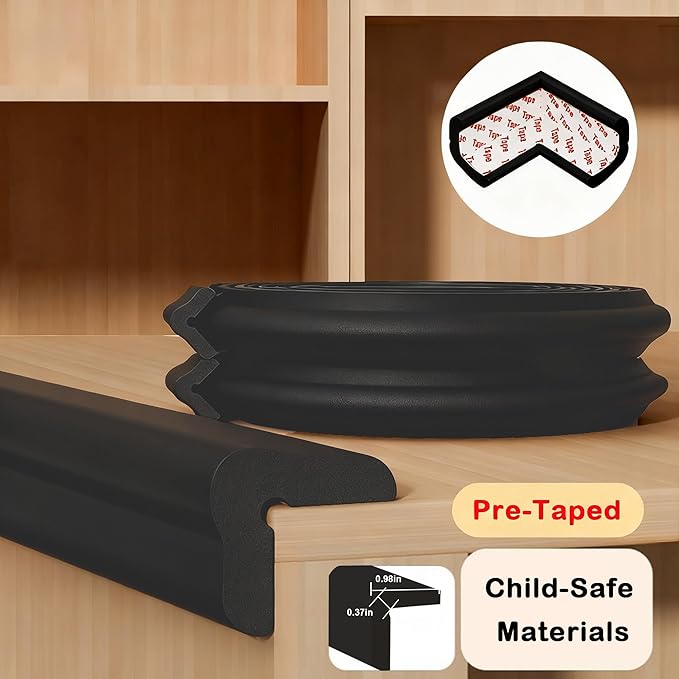 Baby Proof Corners and Edges Protector 10ft Edge+4 Corner Guard, Fireplace Baby Proofing Bumper, Heavy-Duty Soft NBR Foam Edge Corner Protector for Furniture Table, Childsafe/Pre-Taped Black