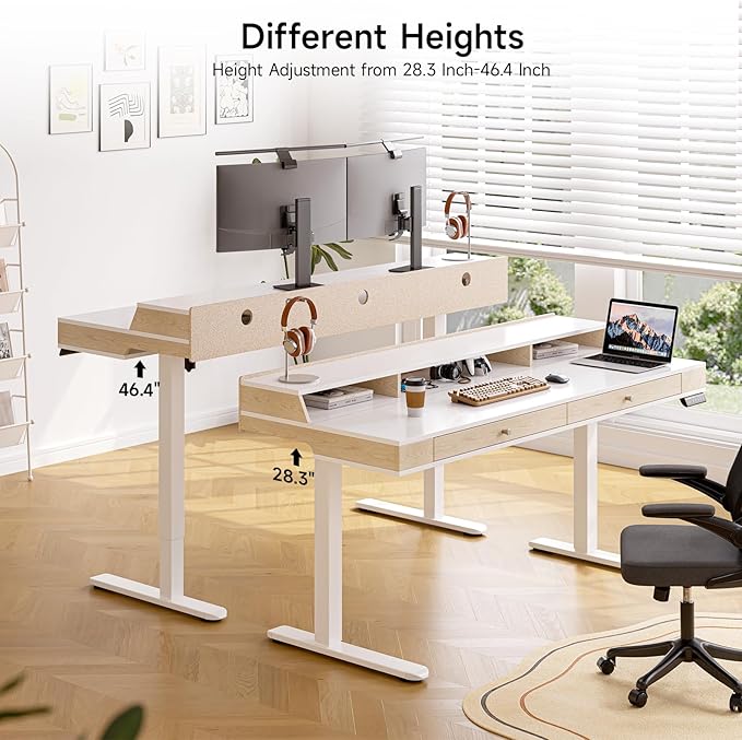 Standing Desk With Drawers, 55x23.6 Inch Electric Stand Up Workstation With Storage Shelf and Memory Controller, Adjustable Height 28-46 Inch for Computer, White